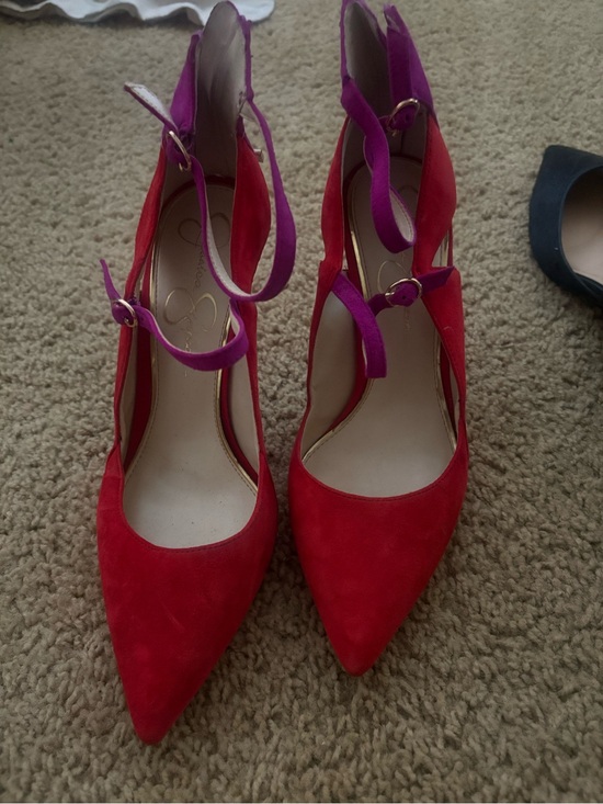 Jessica Simpson Shoes - Jessica Simpson Red Pointed Heels with Purple Ankle Straps